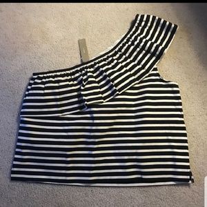 J. Crew Navy and White One shoulder Blouse NWT